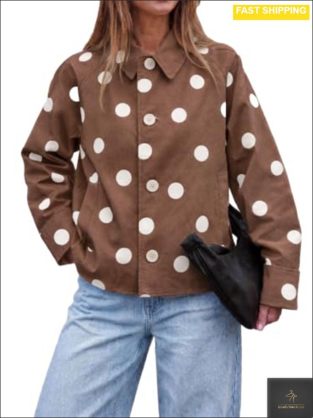 Womens Polka Dot Trench Coat Raglan Sleeve Button Down Fall Jacket